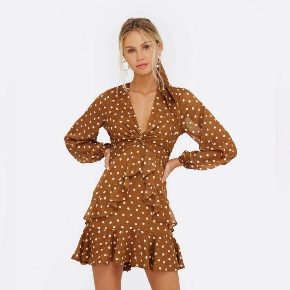 Lulus Rust Brown Polka Dot Long Sleeve Ruffle Mini Dress NWT